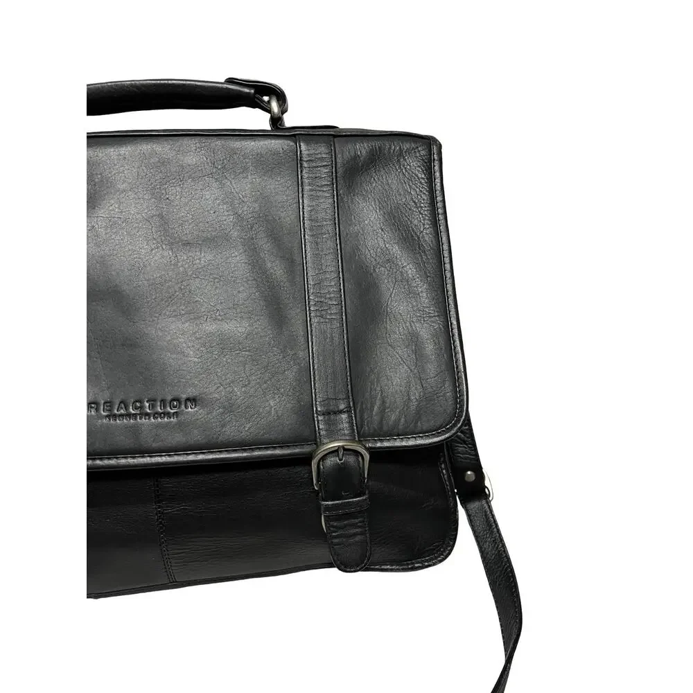Vtg Kenneth Cole Reaction Black Leather laptop briefcase Messenger Work bag